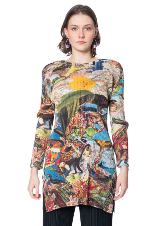 PLEATS PLEASE ISSEY MIYAKE, lange Tunika mit Schlitzen an der Seite AURORA JUNGLE